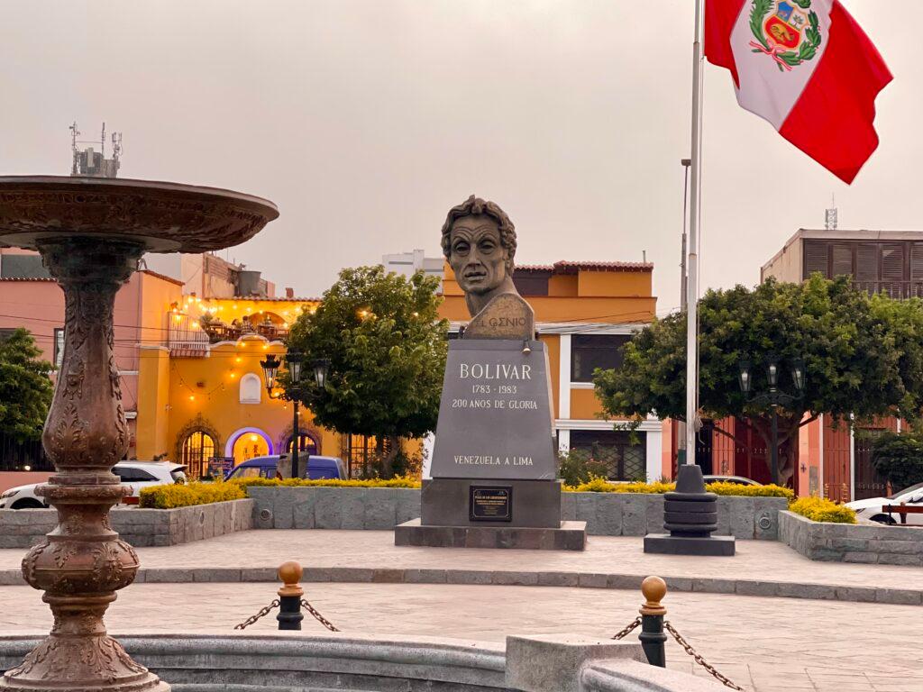17th century fountain and Simon Bolivar monument in Plaza Bolivar, Pueblo Libre Lima Peru