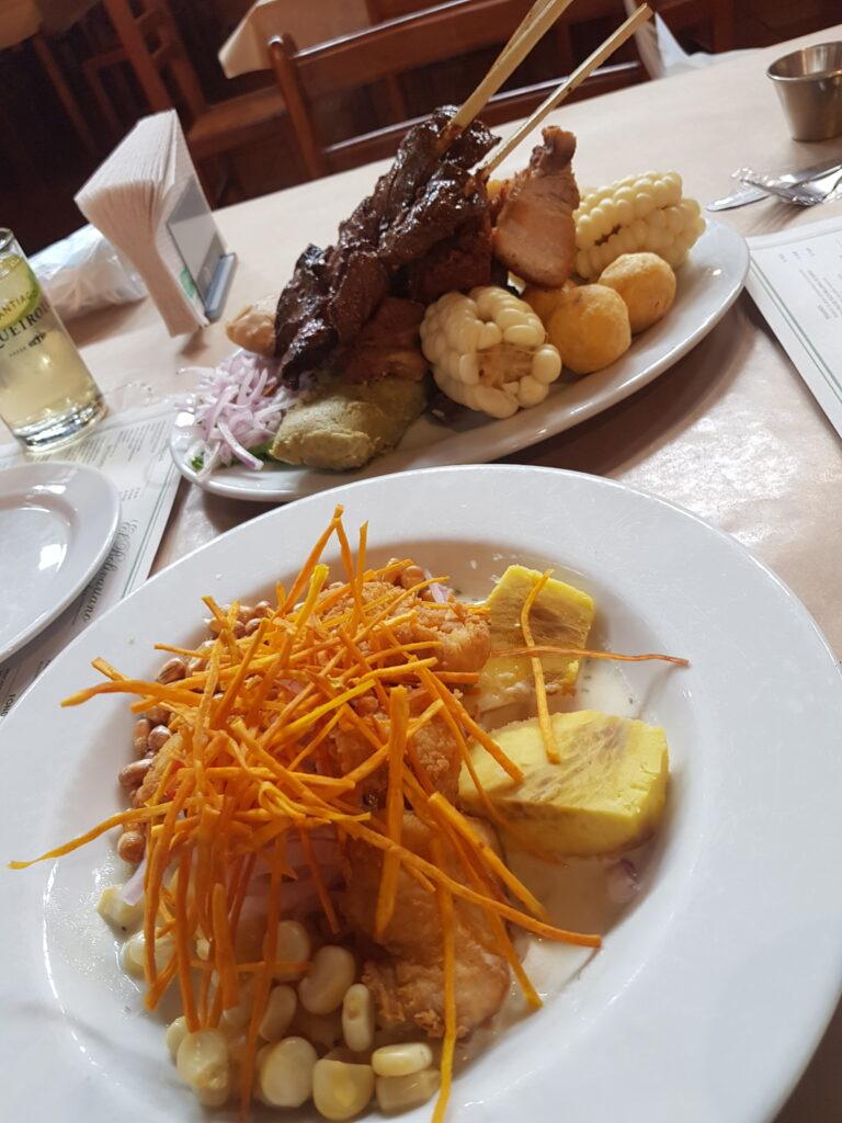 Ceviche carretillero and Piqueo Bolivariano (shared plate that includes anticuchos, tamales, chicharron and boliyucas) at Bolivariano Restaurant Pueblo Libre