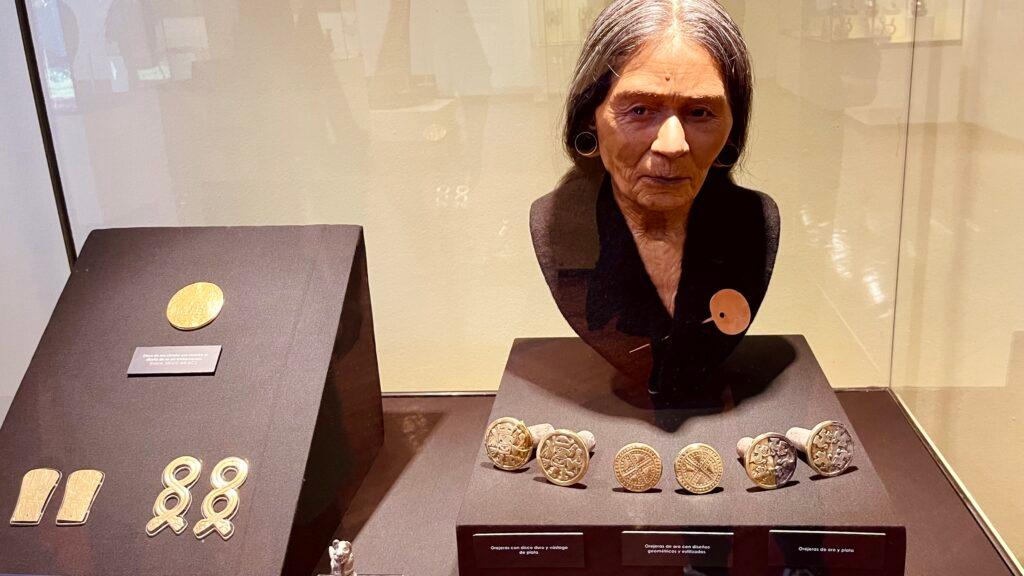 Model of original inhabitant of Lima showing pre-colombian gold jewellery
