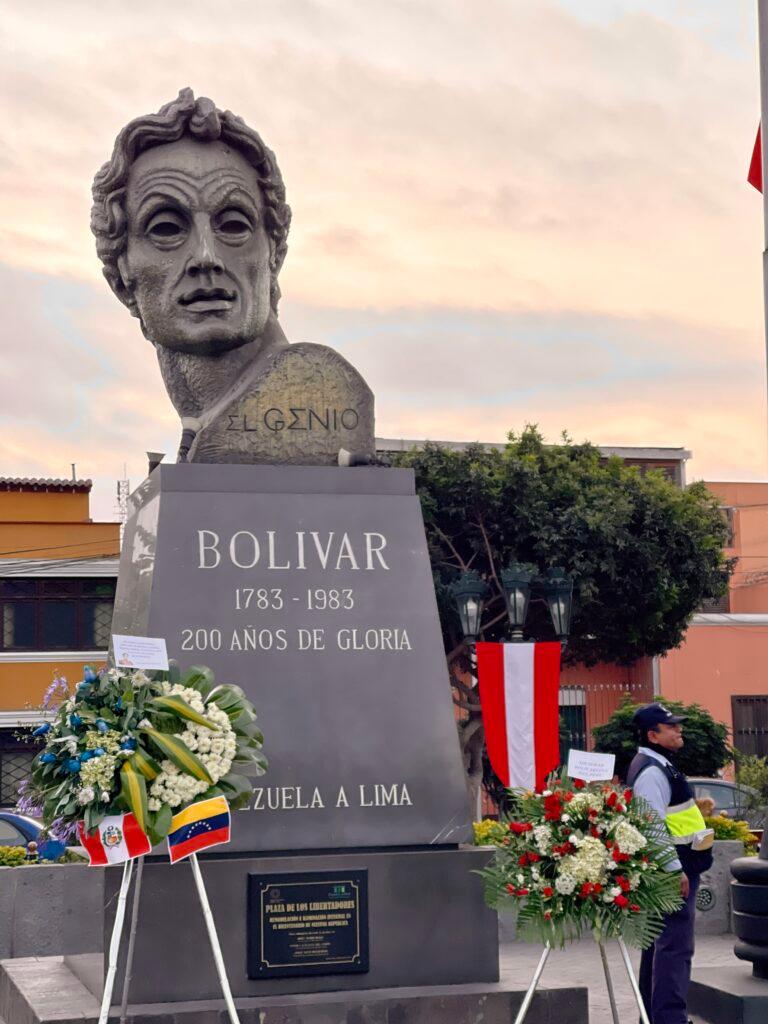 Bronze Bust of Simon Bolivar in Plaza Bolivar, Pueblo Libre Lima faces the former residence of Manuela Sáenz.