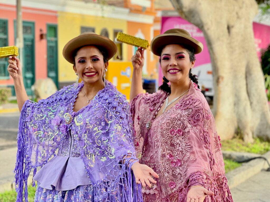 Traditional Peruvian costumes from worn by local women in Pueblo Libre, Lima Peru