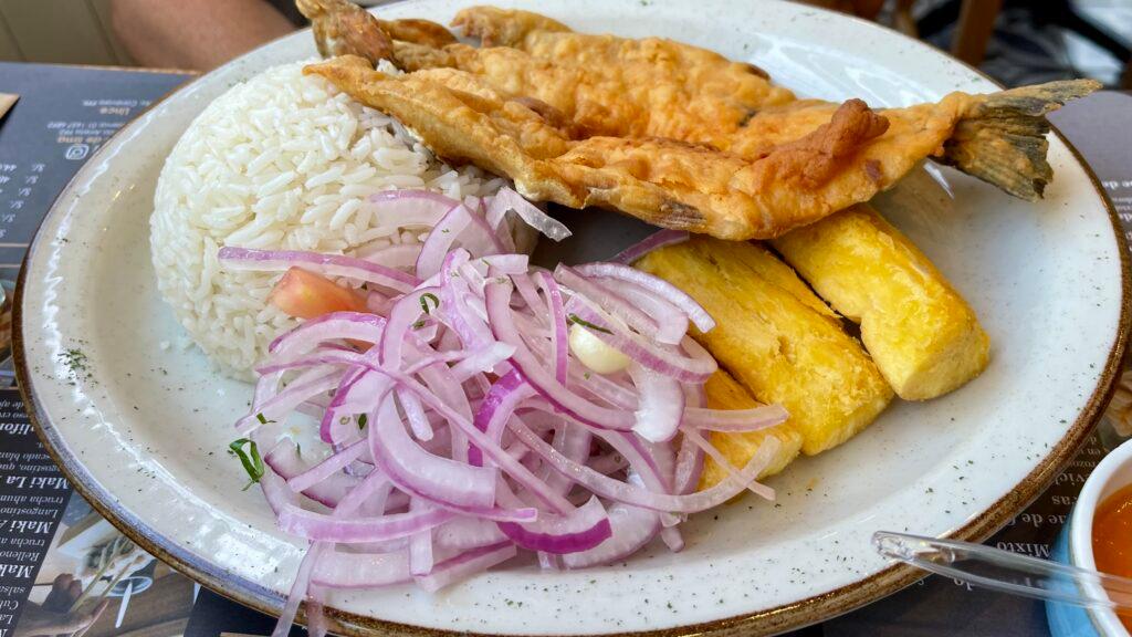 Fried fish at La Pescadora cevicheria in Lima Peru