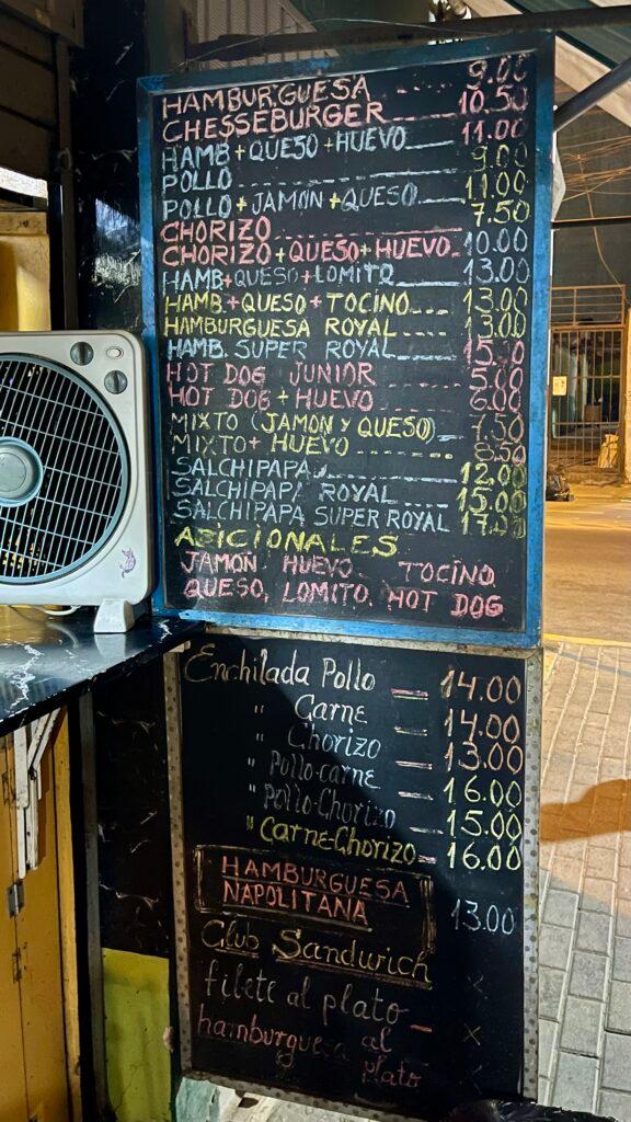 Menu at Chisos in Pueblo Libre Lima