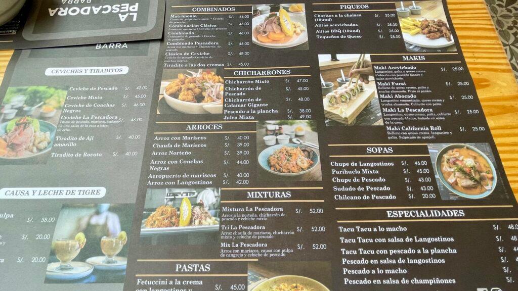 Menu for La Pescadora seafood restaurant in Lima Peru