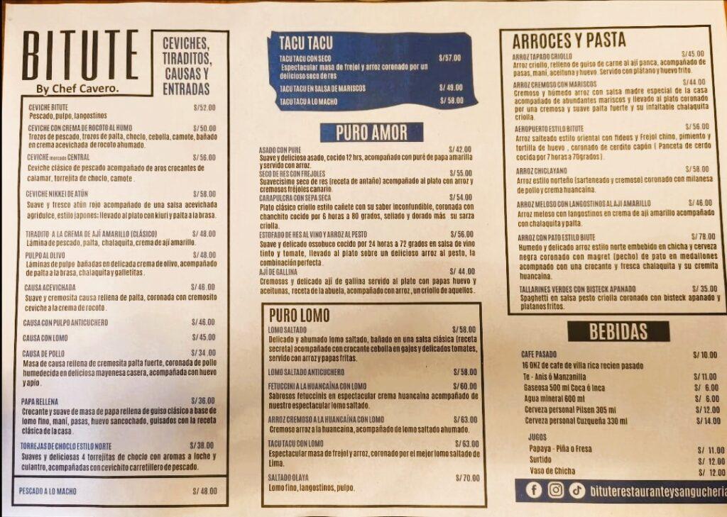 List for dishes from Bitute in Pueblo Libre