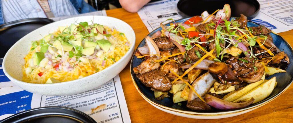 Arroz Meloso de Langostinos al Ají Amarillo and Saltado Olaya, two signature dishes from Bitute